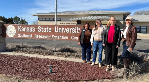 Raelynne Hale and Maria Theresa DePaoli recently traveled to Garden City to conduct interviews for their Kansas Water Institute-funded research with the help of Garden City contacts Bertha Mendoza and Rocio Reyes Esteves. From left: Mendoza, Hale, DePaoli and Esteves. 